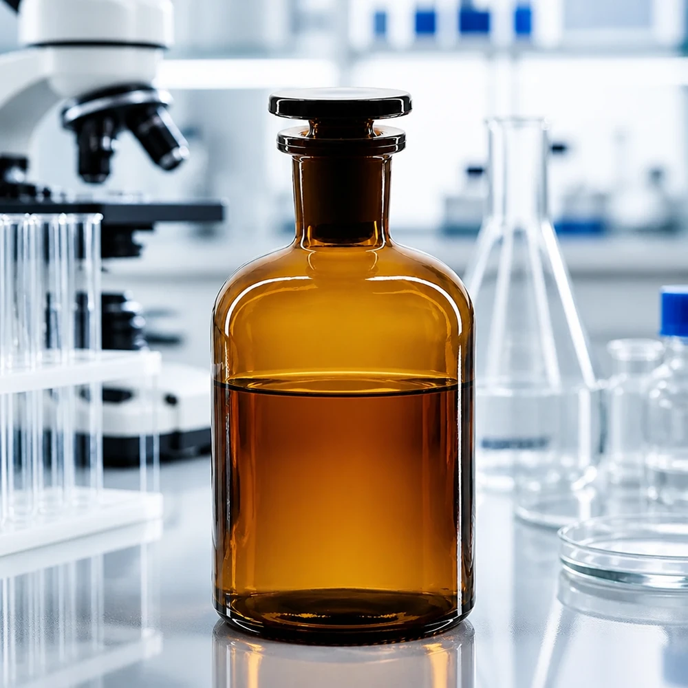 Klasyczna brązowa butelka apteczna o pojemności 250 ml z wąską szyjką i szklanym korkiem w laboratorium