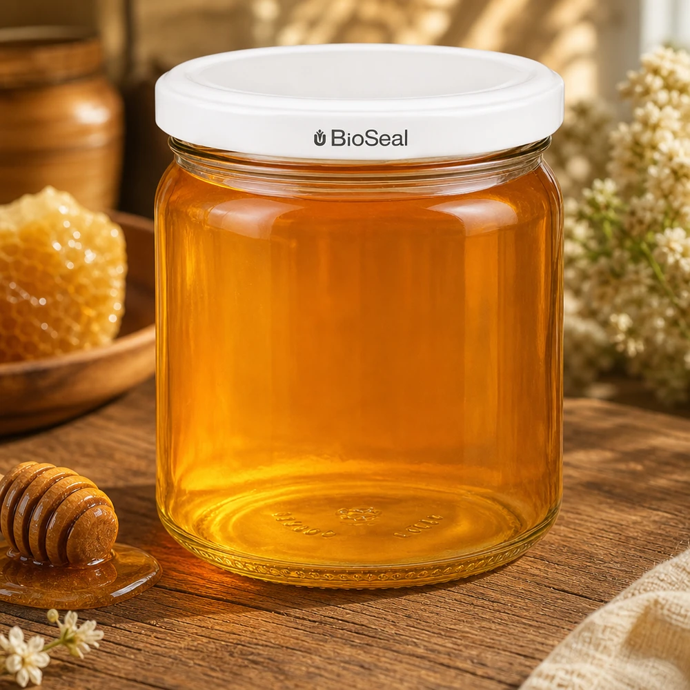 UNiTWIST Runda408 z białą pokrywką TO82 BioSeal UNiTWIST Runda408 wypełniona złotym miodem - tradycyjne przechowywanie miodu w szklanym słoiku z białym uszczelnieniem TO82 BioSeal
