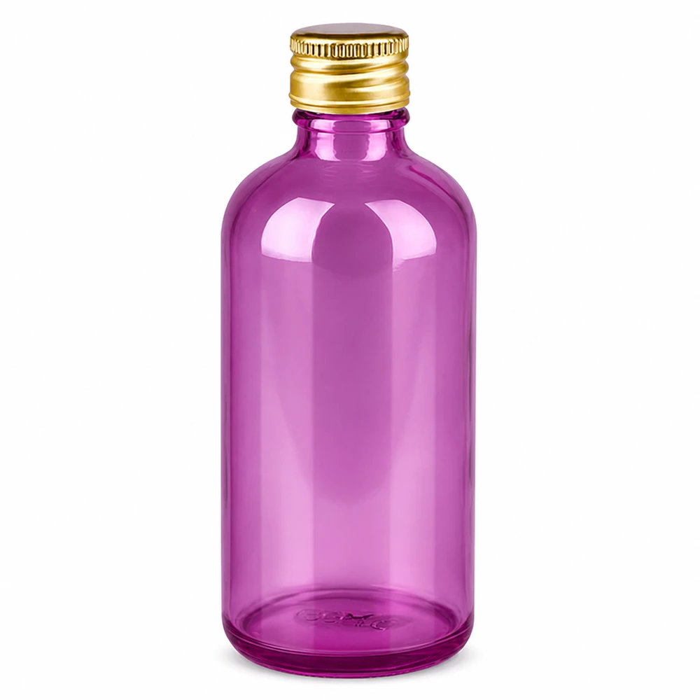 Butelka 100ml 11mm zakrętka aluminiowa standard złota PurpleLine. UT18/100 Szklana butelka 100 ml w kolorze jasnofioletowym ze złotą aluminiową zakrętką do kosmetyków i farmaceutyków