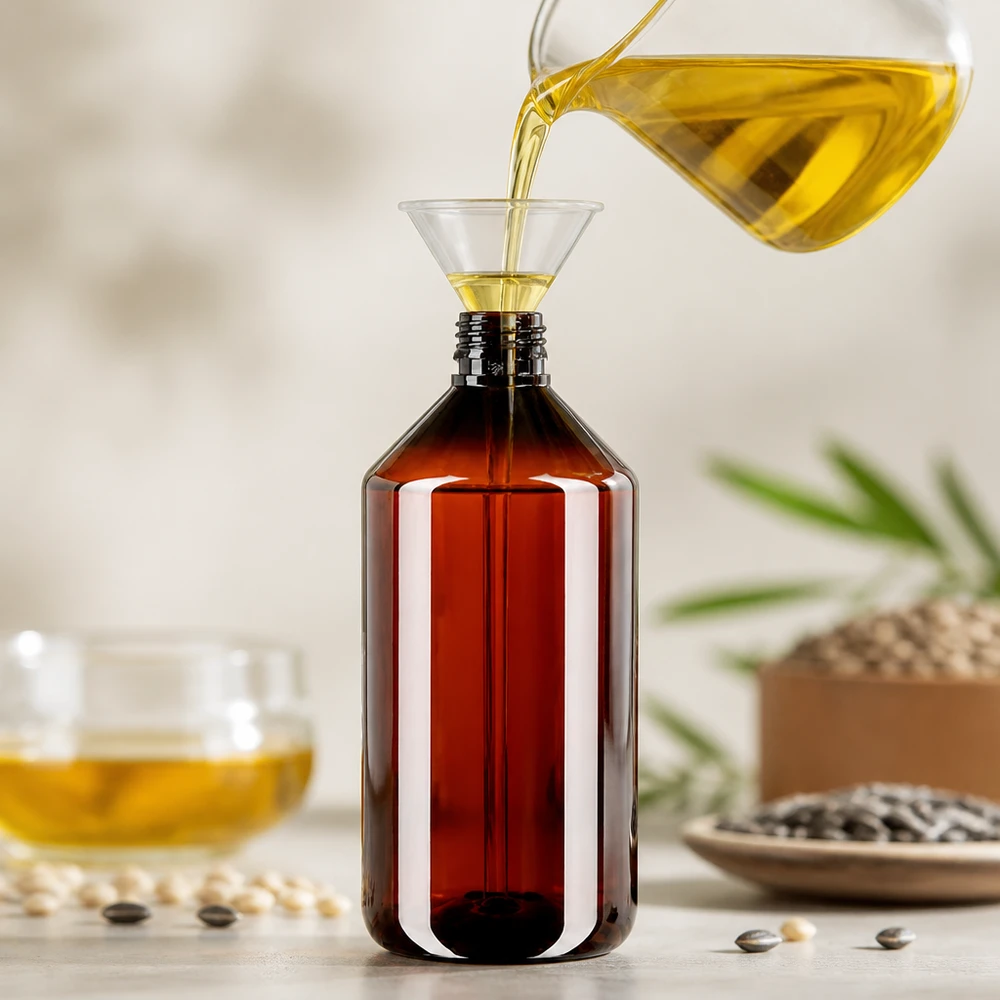 Butelka PET 750ml PP28 bez zakrętki Olej jest nalewany przez lejek do bursztynowej butelki PET o pojemności 750 ml, typu PP28, bez nakrętki