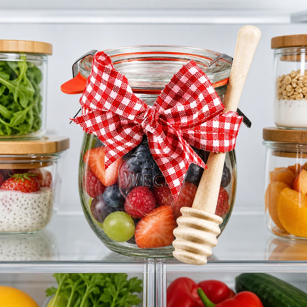 Mini słoik tulipanowy WECK 220 ml w komplecie z łyżeczką do miodu Słoik do przetworów WECK 220 ml w lodówce wypełniony świeżymi jagodami, łyżką miodu i czerwoną dekoracją