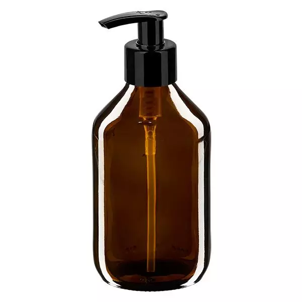 Butelka na lek 250 ml, brązowa, z pompką dozującą, czarny ApoGlas. Farmaceutyczna jakość produkcji UE. Gwint 28 mm (PP28). (syrop, butelka z lekkiego szkła) Butelka na lek 250 ml, brązowa, z pompką dozującą, czarny ApoGlas. Farmaceutyczna jakość produkcji UE. Gwint 28 mm (PP28). (syrop, butelka z lekkiego szkła)