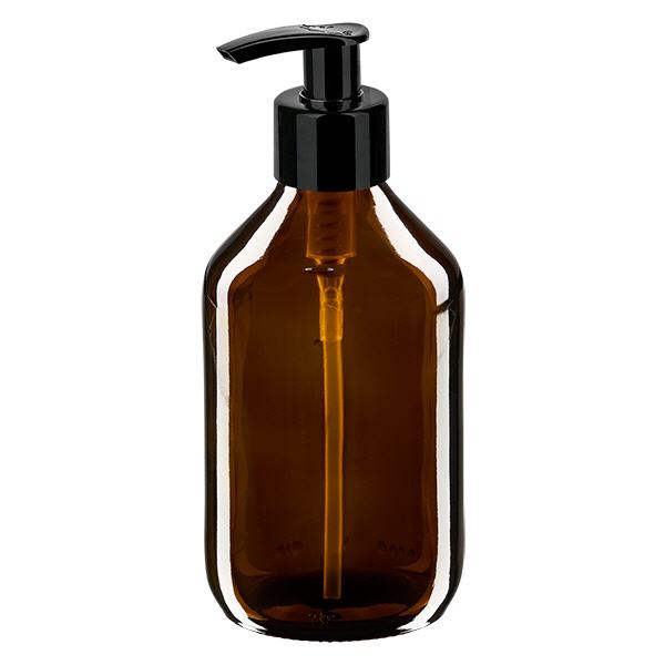 Butelka na lek 250 ml, brązowa, z pompką dozującą, czarny ApoGlas. Farmaceutyczna jakość produkcji UE. Gwint 28 mm (PP28). (syrop, butelka z lekkiego szkła) Butelka na lek 250 ml, brązowa, z pompką dozującą, czarny ApoGlas. Farmaceutyczna jakość produkcji UE. Gwint 28 mm (PP28). (syrop, butelka z lekkiego szkła)