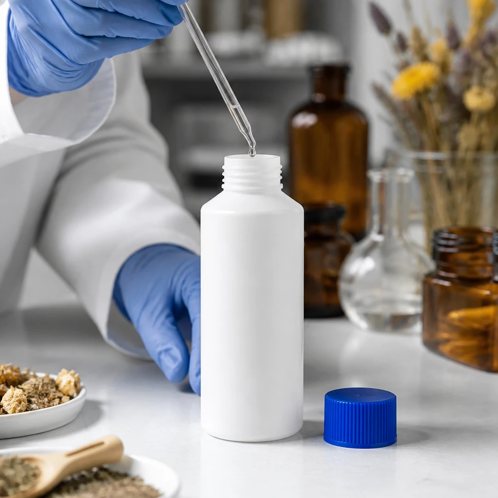 Butelka apteczna HDPE 100ml biała, z niebieskim SV Butelka apteczna z HDPE o pojemności 100 ml, biała z niebieską zakrętką, w laboratorium