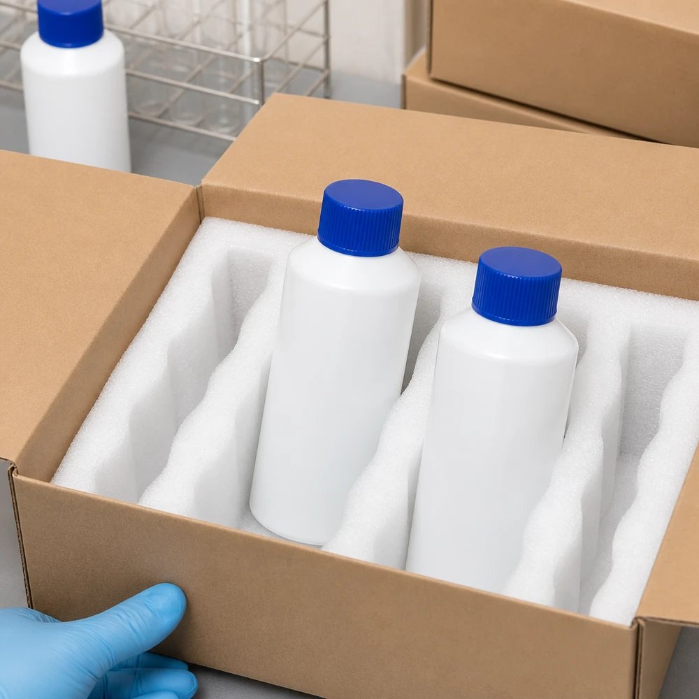 Butelka apteczna HDPE 100ml biała, z niebieskim SV Białe butelki apteczne z HDPE o pojemności 100 ml z niebieskim znakiem SV, zapakowane w piankę, gotowe do wysyłki