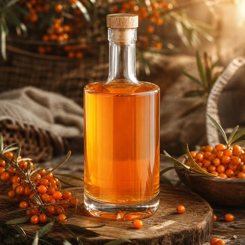 500ml szklana butelka Nora z likierem z rokitnika pomarańczowego drewniany korek UNiTWIST rustykalna prezentacja drewniana deska jagody