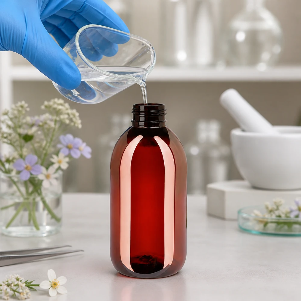 Laborantka napełnia brązową butelkę z tworzywa PET o pojemności 250 ml płynem w laboratorium aptecznym