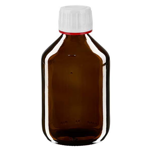 Butelka na lek 300 ml br&#261;zowa, zakr&#281;tka bia&#322;a z czerwonym pier&#347;cieniem ApoGlas umo&#380;liwiaj&#261;cym manipulacj&#281;. Farmaceutyczna jako&#347;&#263; produkcji UE. Gwint 28 mm (PP28). (syrop, butelka z lekkiego szk&#322;a)