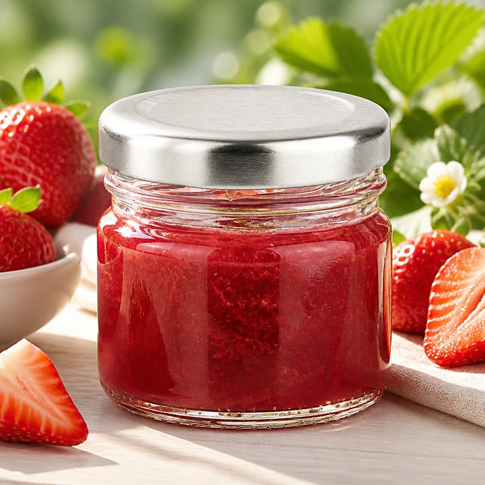 Okrągła szklanka 33 ml + srebrna pokrywka BasicSeal UNiTWIST Okrągła szklanka o pojemności 33 ml z pokrywką BasicSeal w kolorze srebrnym, wypełniona czerwonym dżemem truskawkowym, otoczona świeżymi truskawkami