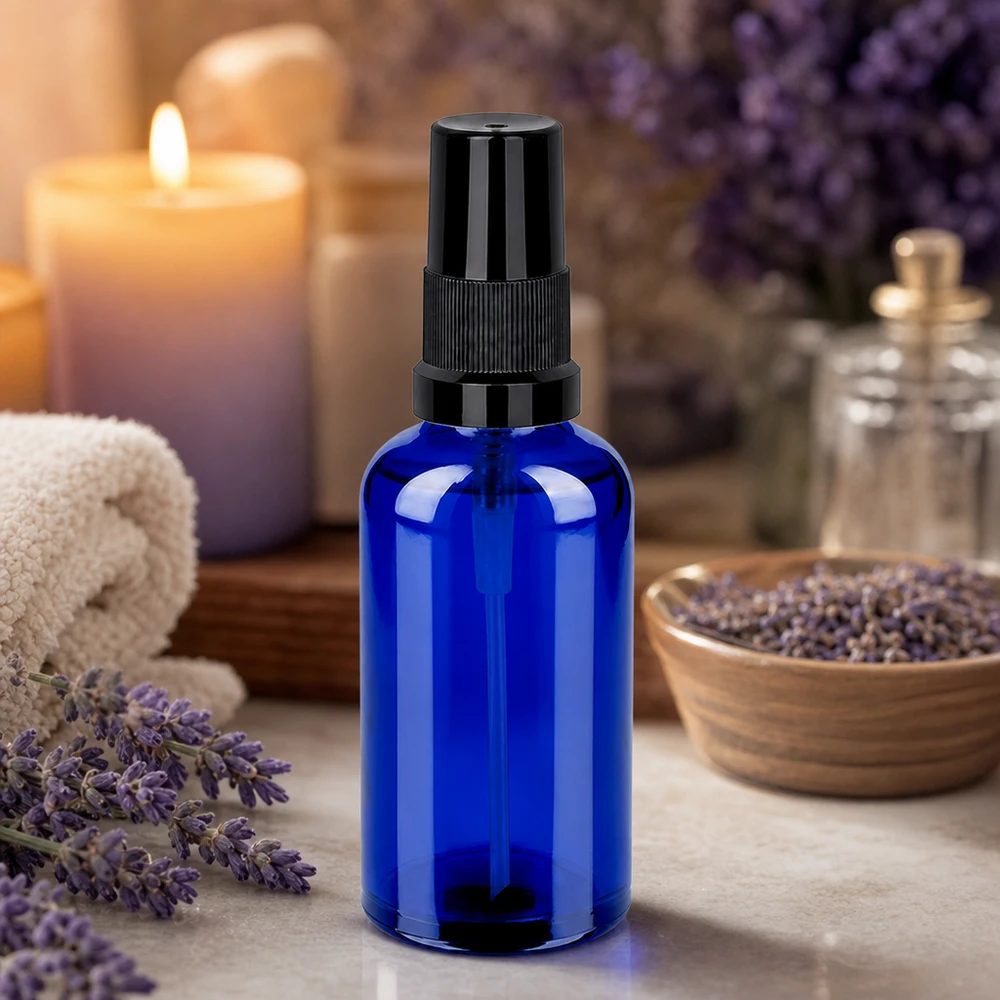 Kompaktowa butelka z rozpylaczem o pojemności 50 ml w eleganckim niebieskim kolorze z ergonomiczną głowicą rozpylającą ułatwiającą obsługę