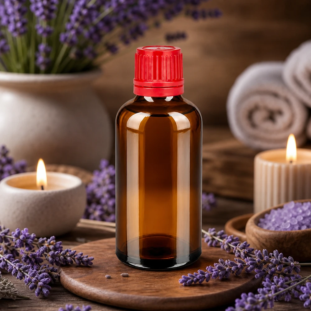 Butelka 50 ml 11 mm SV czerwony OV BrownLine UT18/50 Mała szklana butelka o pojemności 50 ml z czerwoną zakrętką, idealna do aromaterapii i produktów kosmetycznych.