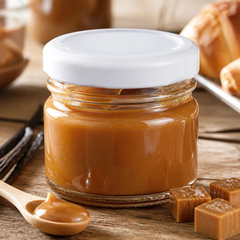 Okrągła szklanka 33 ml + biała pokrywka BasicSeal UNiTWIST Okrągła szklana butelka UNiTWIST o pojemności 33 ml z białą pokrywką BasicSeal, wypełniona kremowym karmelem, na drewnianym stoliku