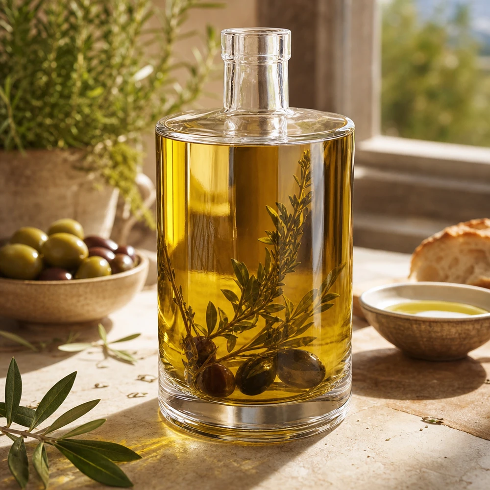 700ml Glasflasche Marie mit Olivenöl und Kräutern befüllt auf mediterranem Tisch neben Oliven und Brot