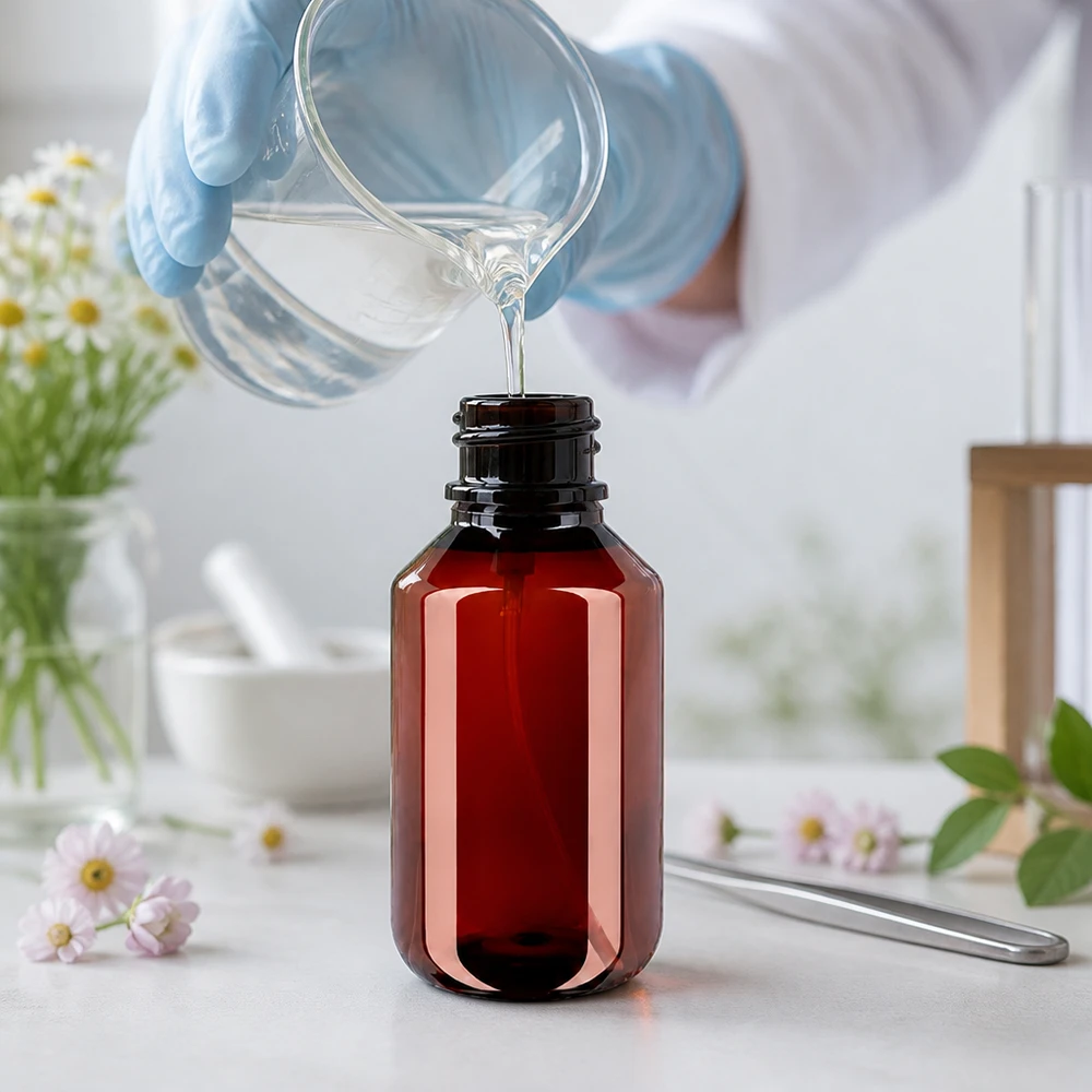 Butelka PET 100ml z atomizerem biała Professionelle Abfüllung in bernsteinfarbene 100ml PET Flasche mit Sprühaufsatz