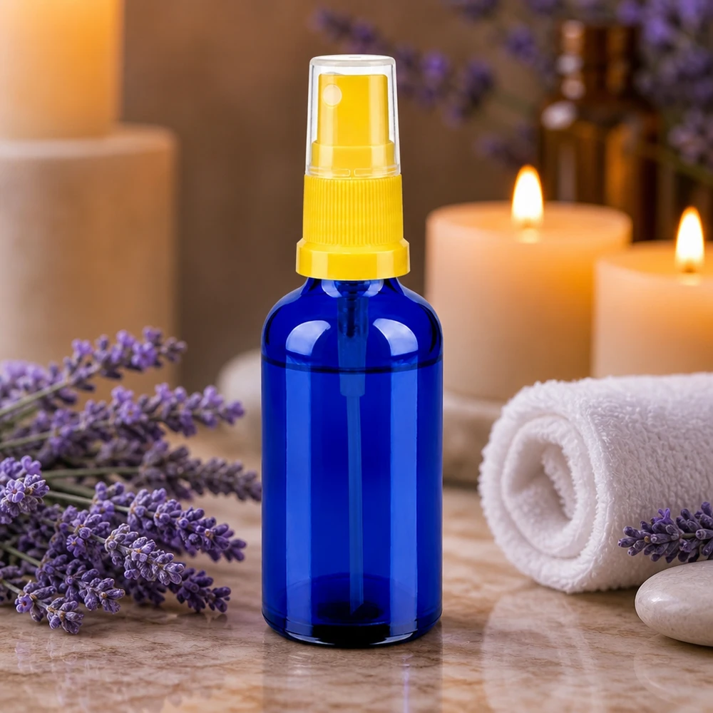 Kompaktowa butelka z rozpylaczem o pojemności 50 ml w kolorze kobaltowego błękitu z przezroczystym mechanizmem pompki do precyzyjnego dozowania