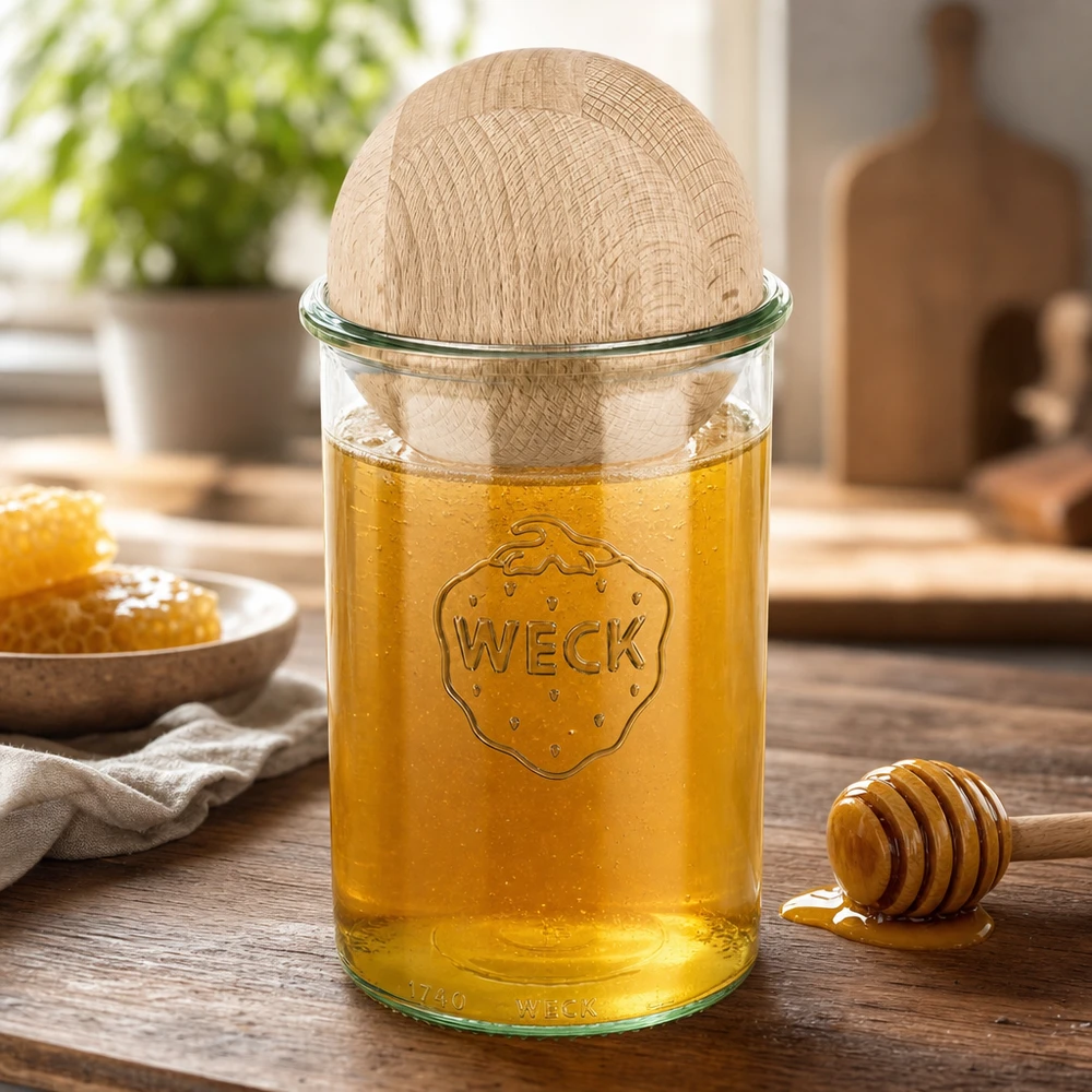 Kubki WECK 1000ml wypełnione miodem z bukową pokrywką, łyżką miodu i plastrem miodu na drewnianym stole w naturalnej kuchni