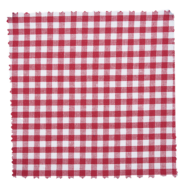 Biżuteryjna serwetka z tkaniny w bordową kratkę, kwadrat 120x120 mm Bordowo-biały wzór w szachownicę 12-centymetrowej serwetki jubilerskiej w zbliżeniu z wzorem gingham