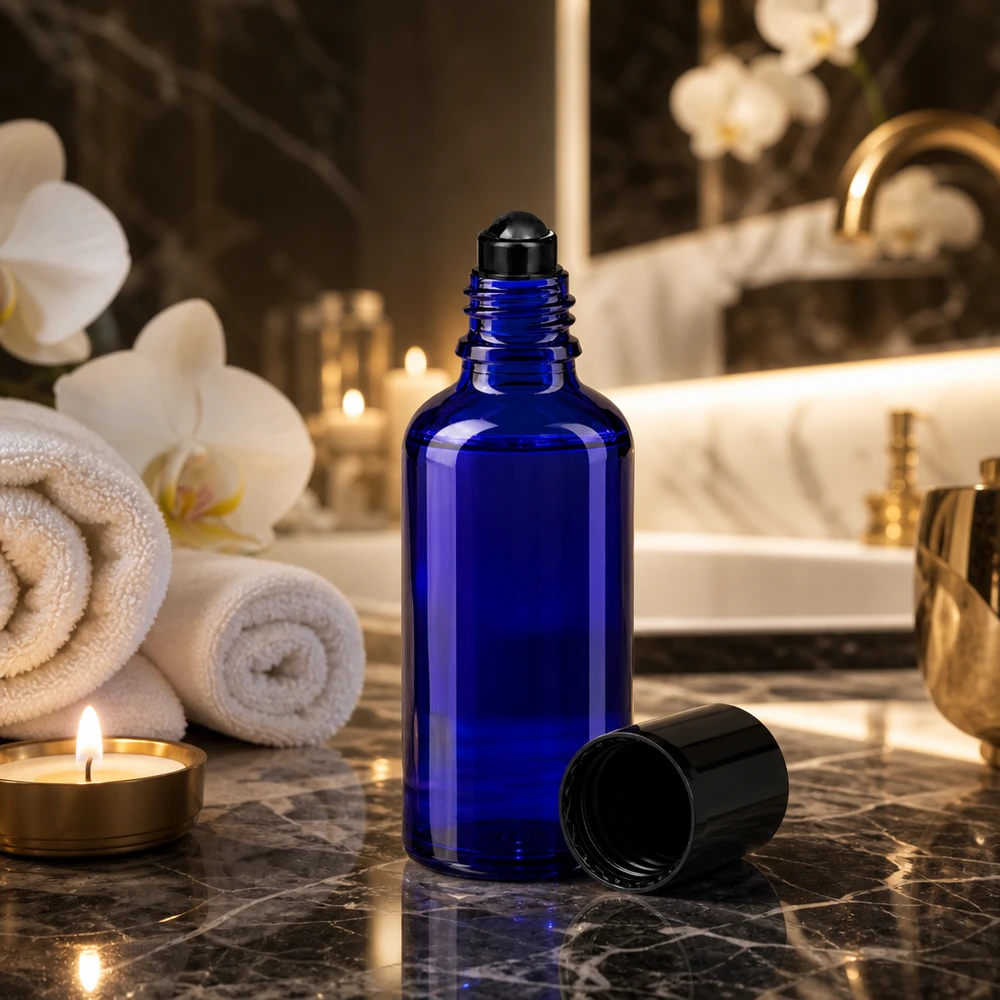 Niebieska szklana buteleczka apteczna o pojemności 50 ml z aplikatorem typu roll-on w luksusowej łazience