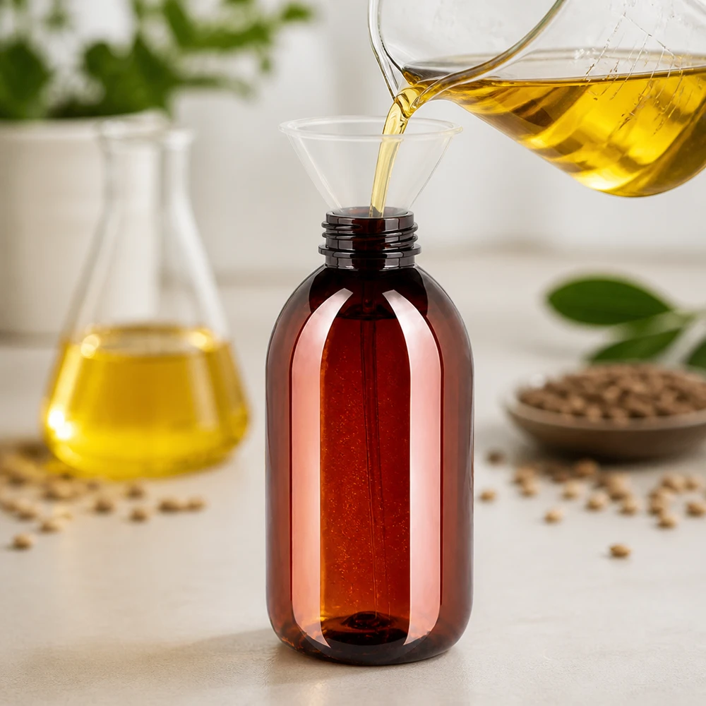 Butelka PET 250 ml z białą nakrętką typu flip-top. Butelkę PET o pojemności 250 ml w kolorze bursztynowym napełnia się żółtym olejem roślinnym za pomocą lejka