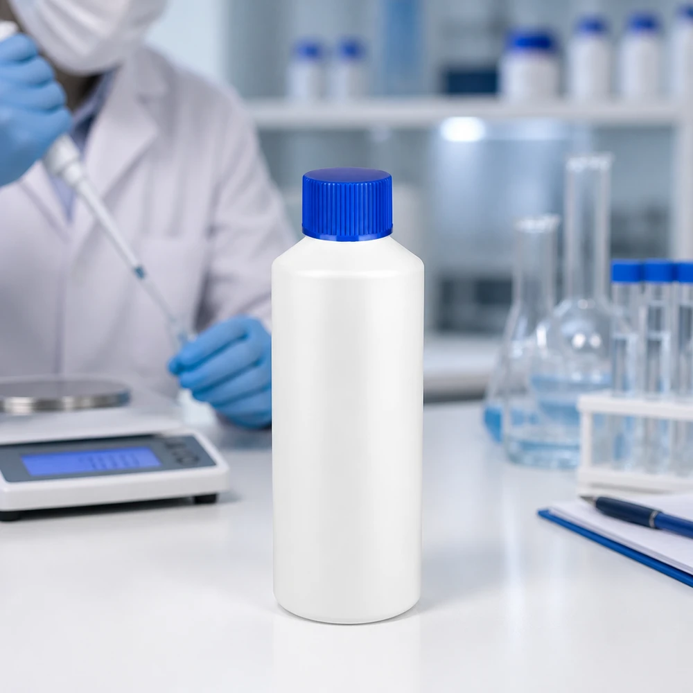 Butelka apteczna HDPE 100ml biała, z niebieskim SV Biała butelka apteczna o pojemności 100 ml z HDPE z niebieskim napisem „SV” na białym blacie laboratoryjnym
