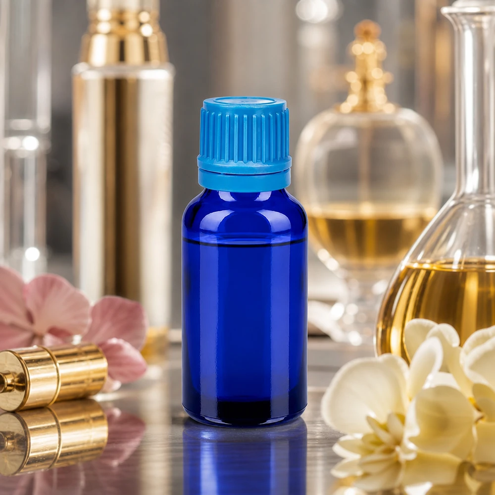 Butelka 20 ml 11 mm SV niebieski OV BlueLine UT18/20 Elegancka butelka o pojemności 20 ml wykonana z wytrzymałego szkła kobaltowego z praktycznym zakraplaczem do kosmetyków