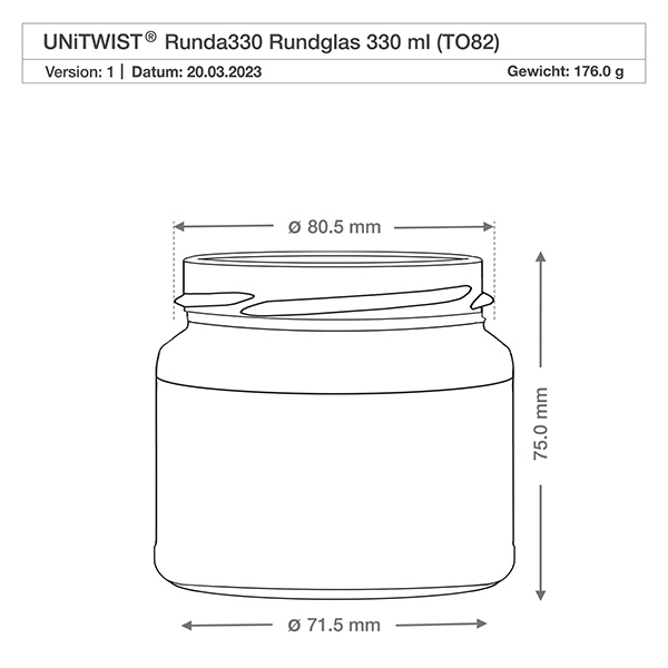 UNiTWIST Runda330 - Okrągła szklanka o pojemności 330ml TO82 UNiTWIST Runda330 szklanka okrągła 330ml TO82 rysunek techniczny z wymiarami średnica 71,5mm wysokość 75mm waga 176g