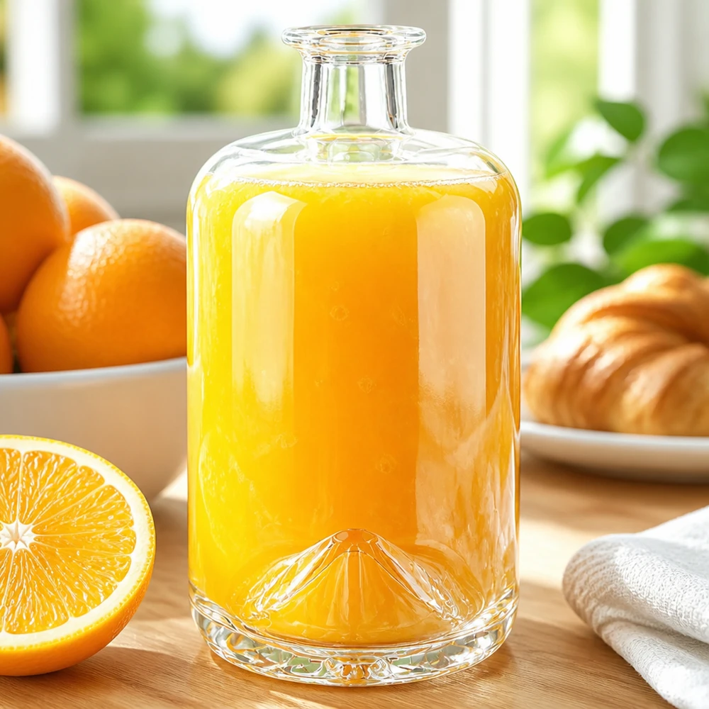 700 ml szklana butelka Sofia wypełniona sokiem pomarańczowym obok świeżych pomarańczy i rogalików w słonecznej scenerii śniadaniowej