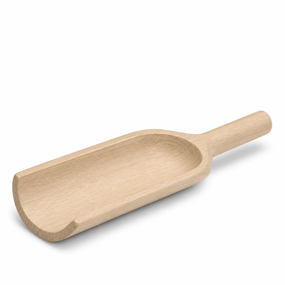 Drewniana łopata L 18 cm o płaskim kształcie, widok z boku pokazuje ergonomiczny uchwyt i ostrze łopaty wykonane z naturalnego drewna