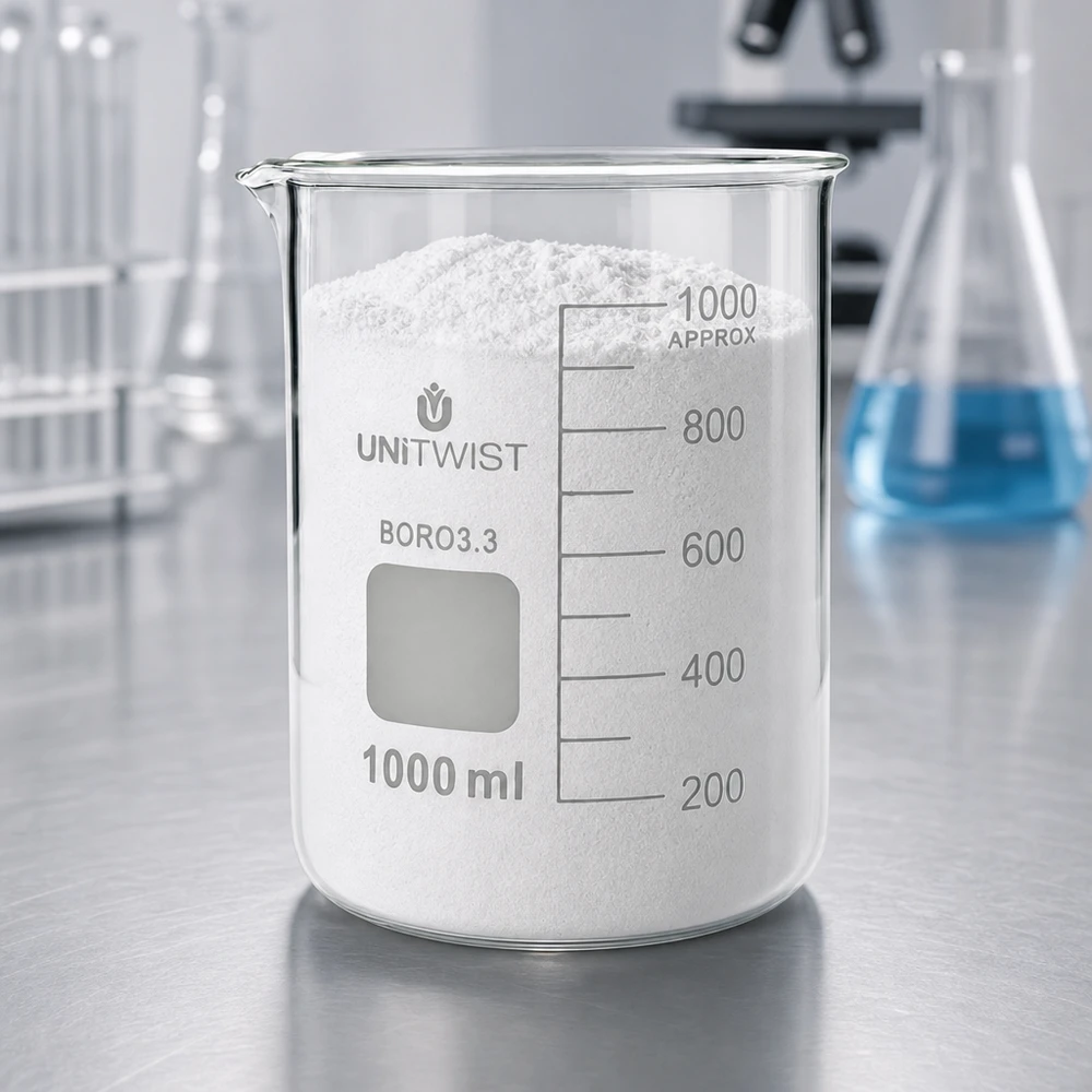 Zlewka 1000 ml borokrzemianowa, niski kształt UNiTWIST Szklanka UNiTWIST o pojemności 1000 ml, wykonana z borokrzemianu, o niskim profilu, wypełniona białym proszkiem w laboratorium