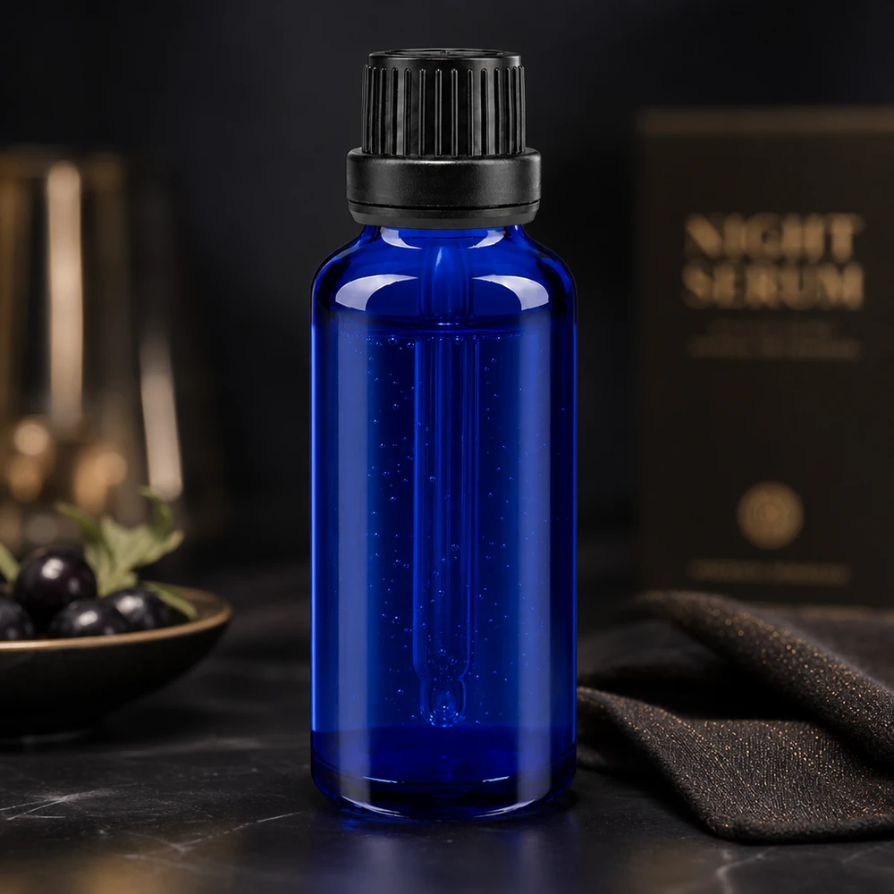 Elegancka buteleczka z zakraplaczem o pojemności 30 ml, wykonana z kobaltowo-niebieskiego szkła aptecznego, z żebrowaną, czarną zakrętką