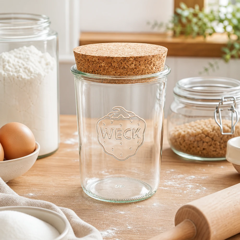 Kubki termiczne 850ml WECK RR100 z korkiem naturalne Kubki WECK 850ml RR100 z naturalnym korkiem na blacie kuchennym między mąką, jajkami i przyborami do pieczenia Scena kuchenna