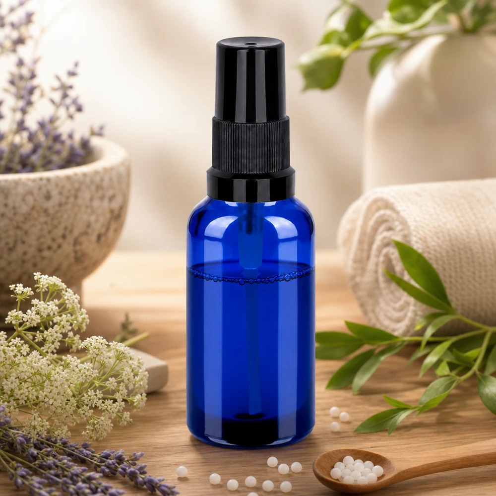 Butelka ze spryskiwaczem 30 ml czarna STD BlueLine UT18/30 Poręczna butelka z rozpylaczem o pojemności 30 ml wykonana z niebieskiego szkła z solidną czarną głowicą rozpylającą do mieszanek smakowych