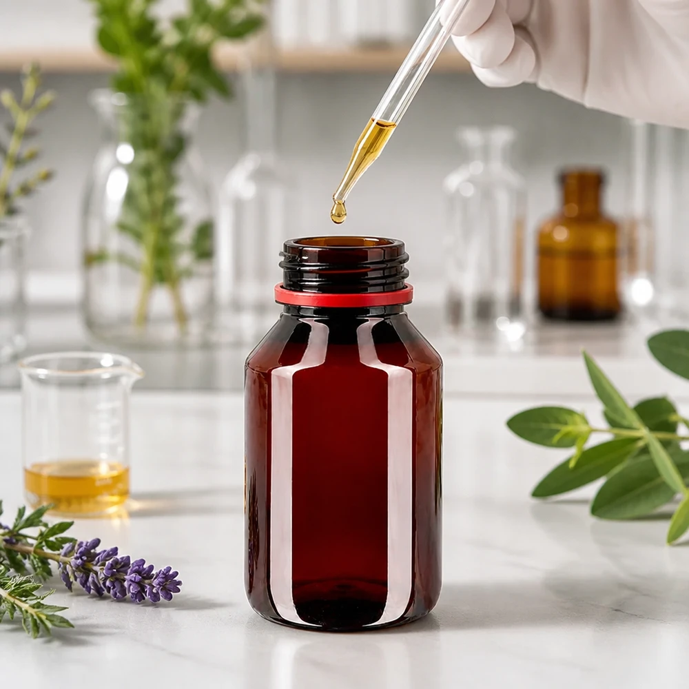 Brązowa butelka PET o pojemności 50 ml z czerwono-białą nakrętką do olejków eterycznych w laboratorium