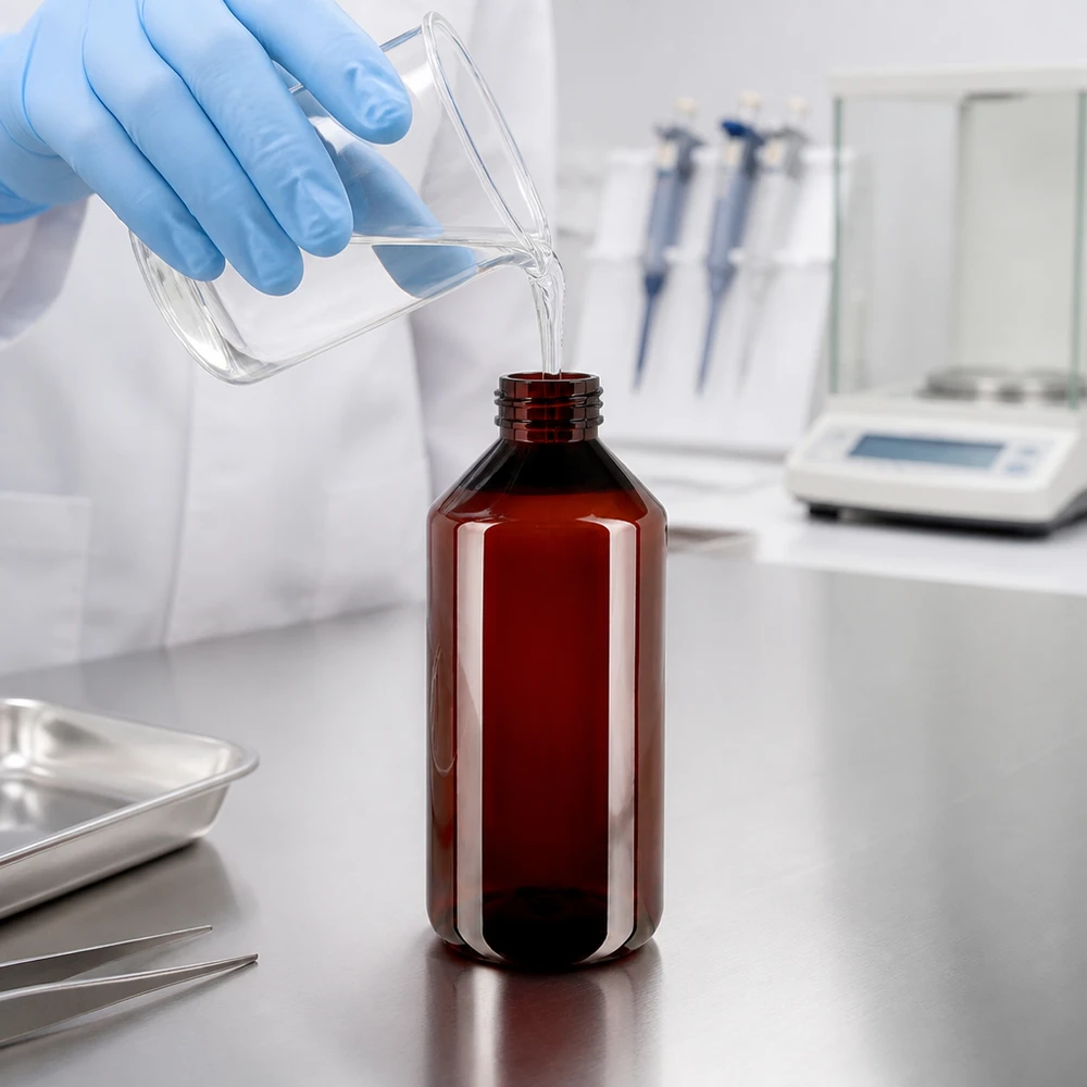 Laborant napełnia brązową butelkę PET o pojemności 1000 ml, wyposażoną w białą nakrętkę zabezpieczającą, przezroczystym płynem