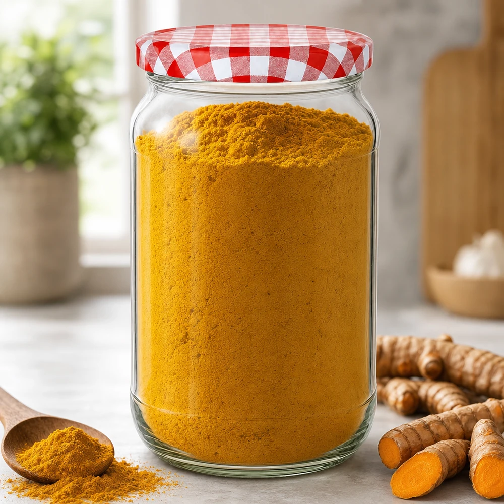 Okrągły słoik o pojemności 1062 ml z pokrywką BasicSeal wypełniony kurkumą w proszku obok świeżych korzeni kurkumy w nowoczesnej kuchni