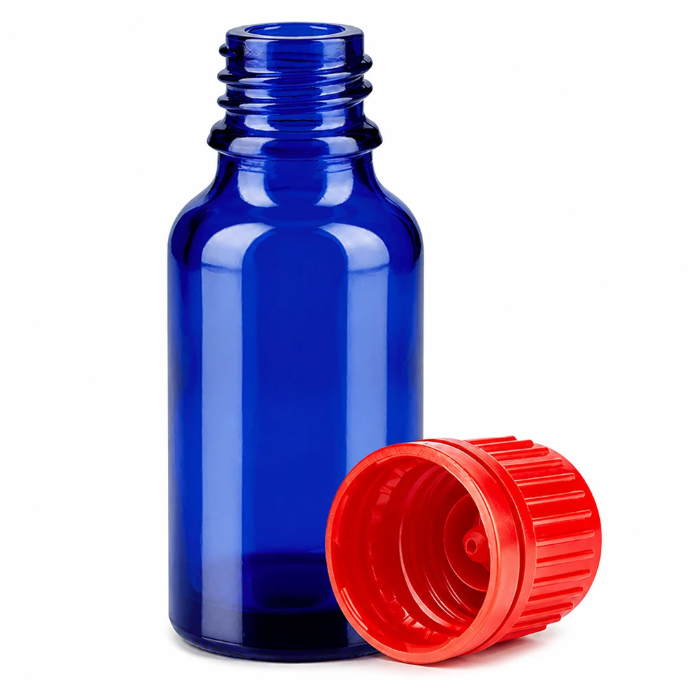 Butelka 20 ml 11 mm SV czerwony OV BlueLine UT18/20 Butelka z niebieskiego szkła o pojemności 20 ml z gwintem 11 mm i czerwoną zakrętką do zastosowań laboratoryjnych