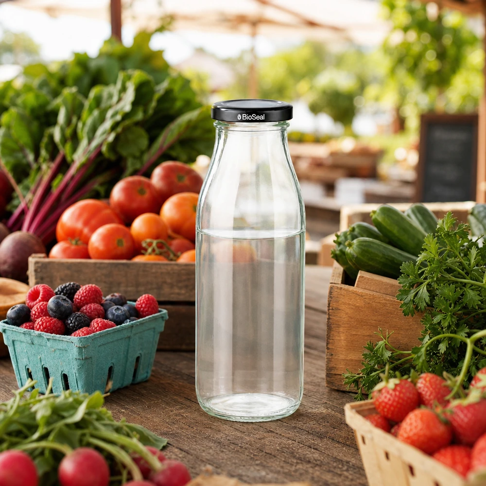 Szklana butelka 500 ml + pokrywka BioSeal czarna UNiTWIST. Całkowicie szczelna z dużą pokrywką TO48. Do mleka, soków i lemoniady. 500ml Glasflasche mit BioSeal Deckel zwischen frischem Marktgemüse Beeren und Kräutern in natürlicher Umgebung