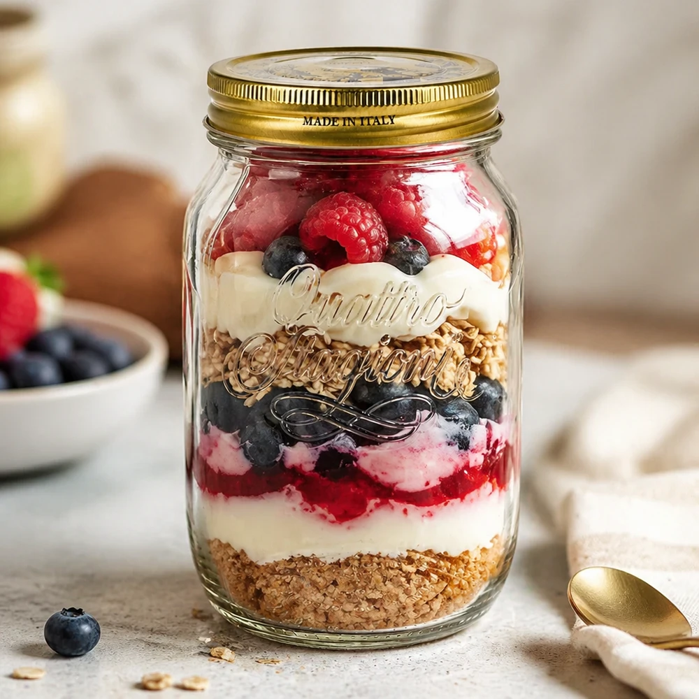 Słoik okrągły 1000 ml „Quattro Stagioni” z pokrywką Słoik Quattro Stagioni 1000ml wypełniony warstwowym deserem jagody jogurt granola Włoski słoik na przetwory Aplikacja