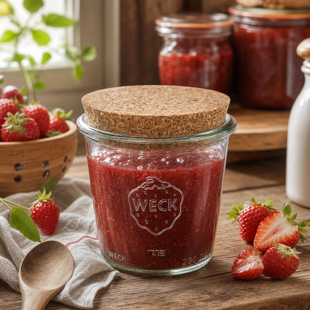 Kubek wysoki 290ml WECK RR80 z korkiem naturalny Słoik na przetwory WECK 290ml z korkową pokrywką wypełniony dżemem truskawkowym w rustykalnej kuchni ze świeżymi truskawkami