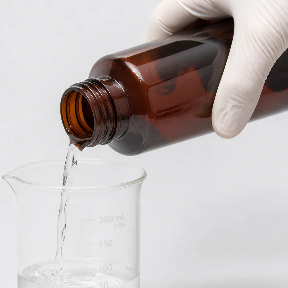 Butelka PET 100ml z białą nakrętką OV + kubek Weißer OV Verschluss braune 100ml PET Flasche Flüssigkeitsabfüllung in Laborumgebung