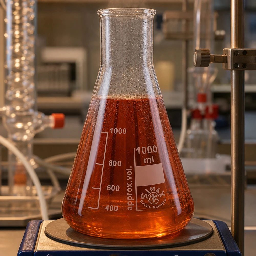 Kolba Erlenmeyera 100 ml z szeroką szyjką i czerwonym środkiem chemicznym na wadze laboratoryjnej do analizy ilościowej