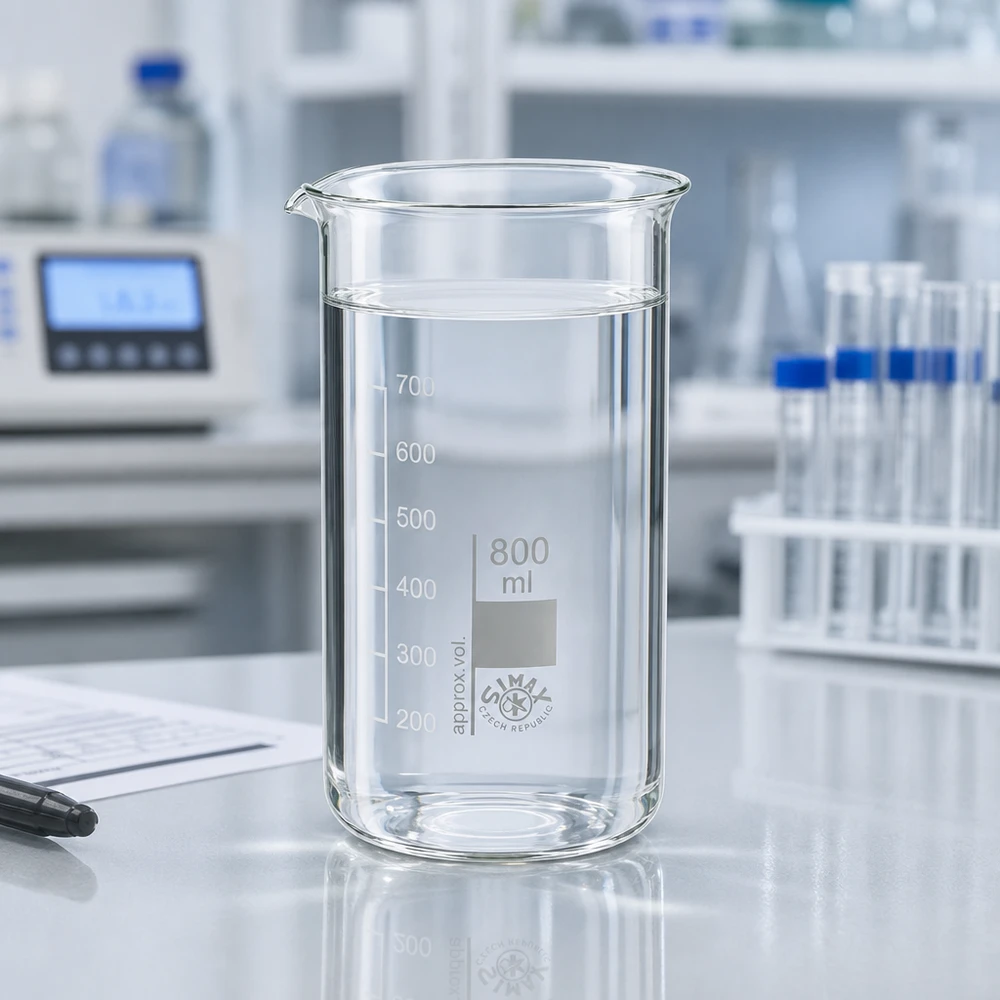 Szklanka o pojemności 800 ml, wysoka, z przezroczystym płynem sięgającym poziomu 700 ml, stojąca na białym stole laboratoryjnym