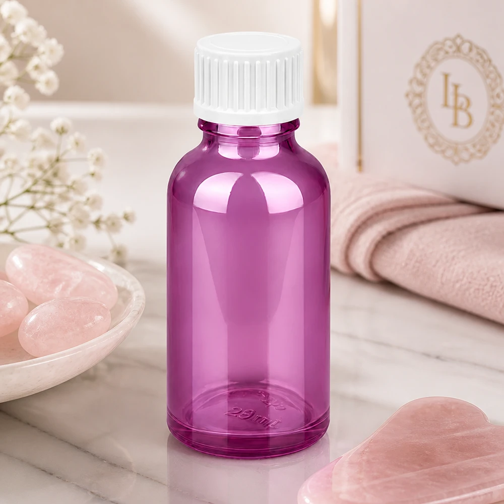 30 ml szklany pojemnik w kolorze przezroczystego fioletu z karbowaną zakrętką do produktów płynnych