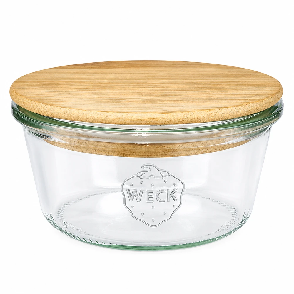 WECK kubek 290ml niski RR100 z okrągłą drewnianą pokrywką wykonaną z bambusa, słoik na przetwory z logo WECK na białym tle