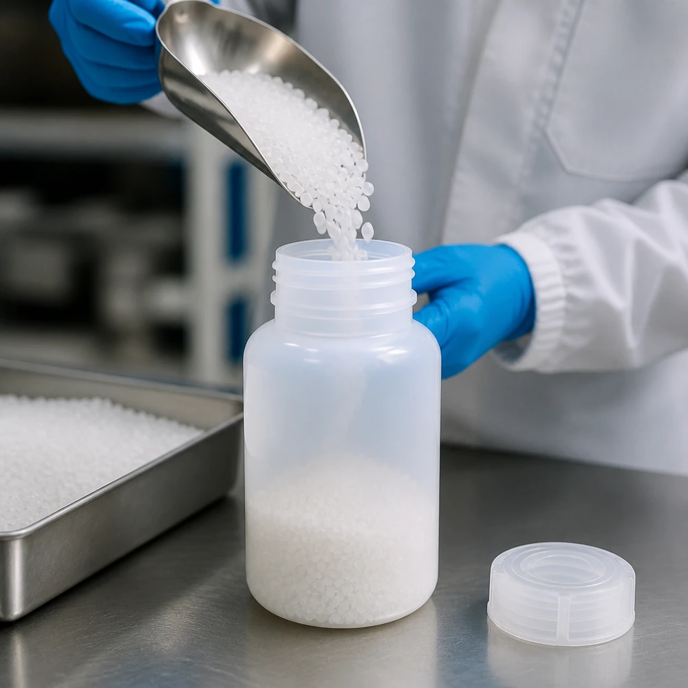 Butelka laboratoryjna 250 ml z szeroką szyjką i zakrętką Befüllung einer 250ml HDPE Weithalsflasche mit Granulat auf Edelstahloberfläche im Reinraum