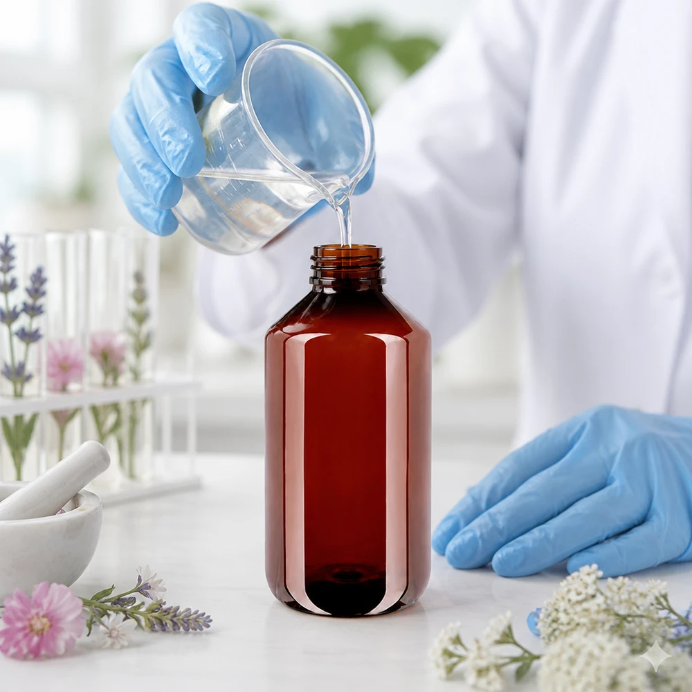 Butelka apteczna o pojemności 500 ml w kolorze bursztynowym jest napełniana przez naukowca w niebieskiej rękawiczce