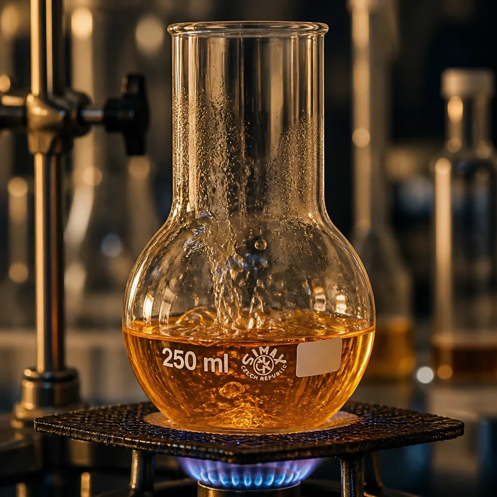 Kolba biodrowa z szeroką szyjką 250 ml Kolba pionowa 250 ml z cieczą w kolorze złotym na palniku do procesów destylacji w laboratorium