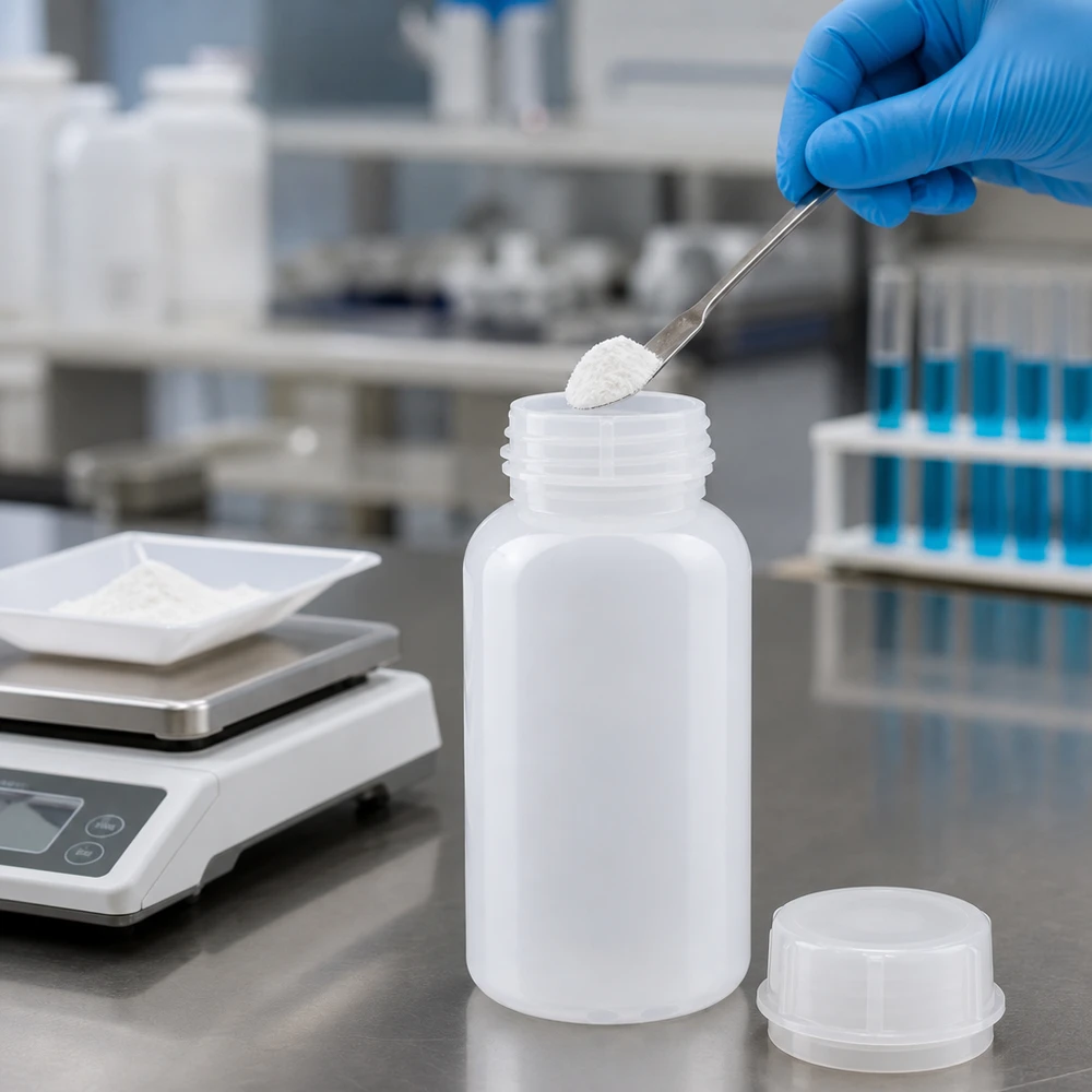 Butelka laboratoryjna 500 ml z szeroką szyjką i zakrętką 500ml Laborflasche Weithals mit Schraubverschluss beim professionellen Abfüllen von Laborchemikalien