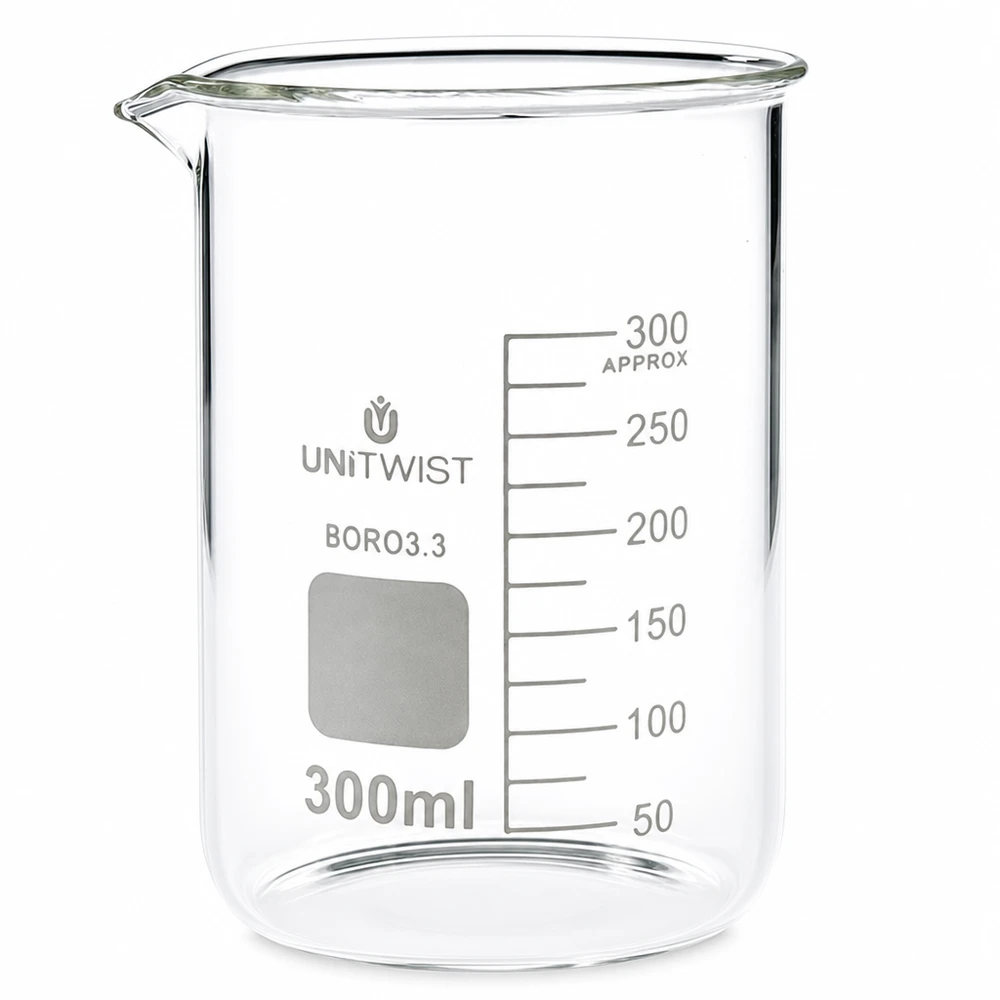 Zlewka 300 ml borokrzemianowa, niski kształt UNiTWIST Szklanka o pojemności 300 ml z borokrzemianu, o niskim kształcie, marki UNiTWIST na białym tle