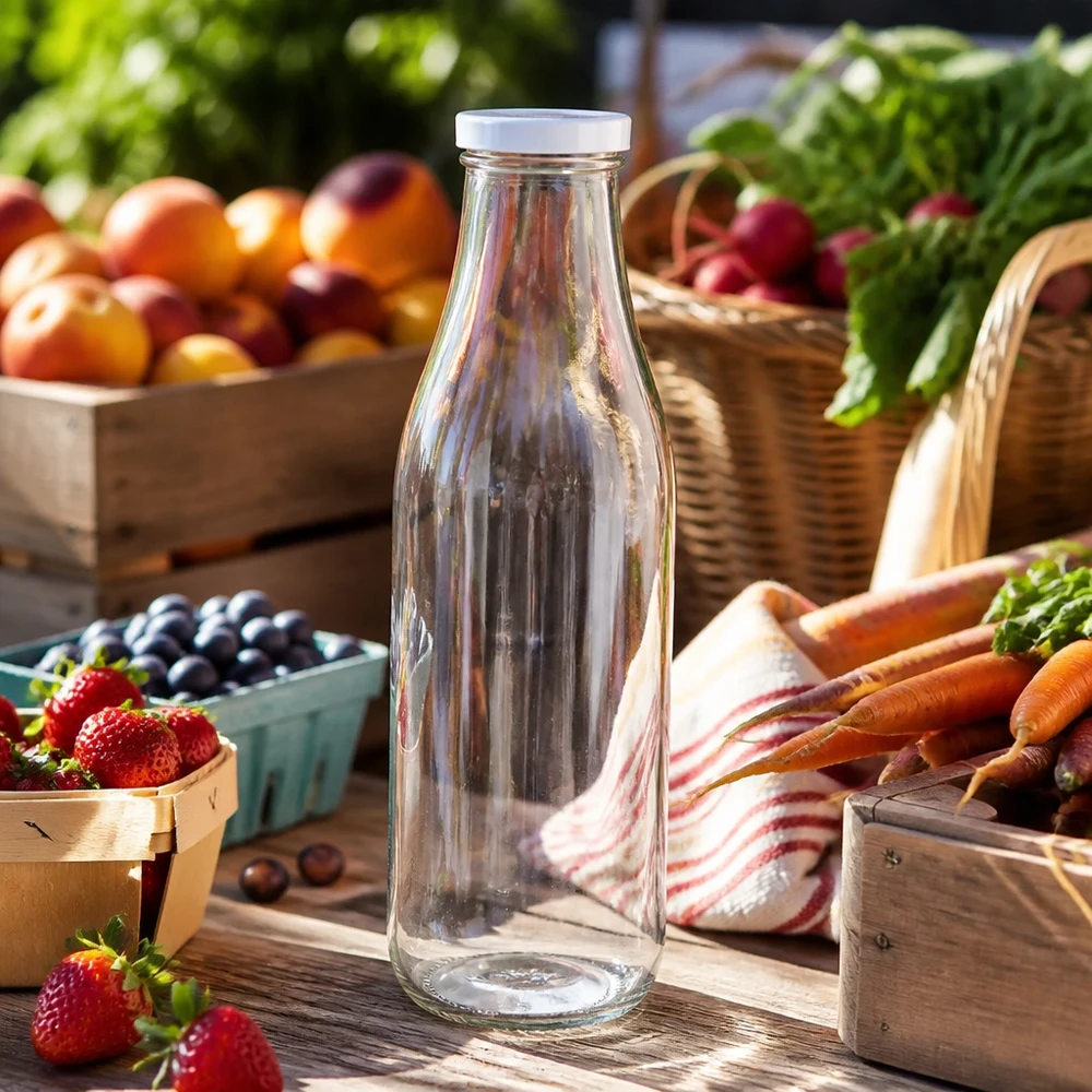 Butelka szklana 1000 ml + pokrywka BasicSeal biała UNiTWIST. Całkowicie szczelna z dużą pokrywką TO48. Do mleka, soków i lemoniady. 1000ml szklana butelka pusta pokrywka BasicSeal biały stragan świeże owoce warzywa jagody marchew sceneria plenerowa
